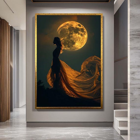 Golden Moon Silhouette Canvas Wall Art – Mystical Woman with Flowing Dress Print – Spiritual Night Scene Artwork for Elegant Decor