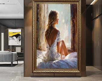Stampa su tela raffigurante una donna romantica alla finestra, ritratto femminile impressionista con luce soffusa, decorazione per camera da letto con atmosfera mattutina tranquilla