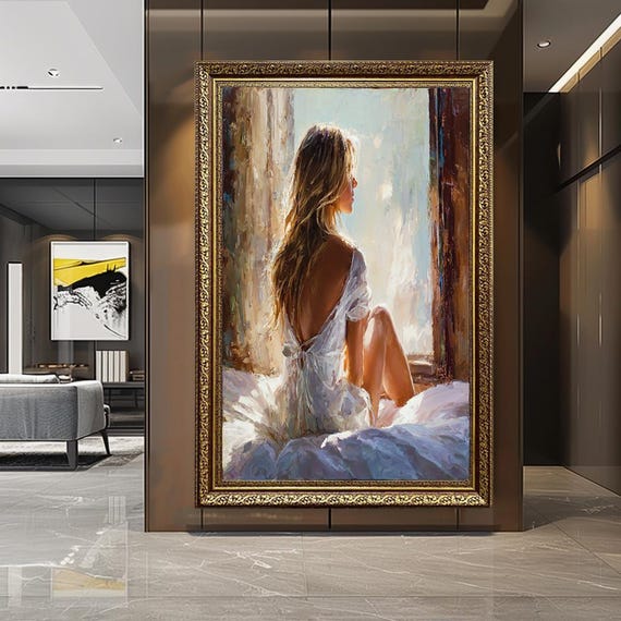 Romantic Woman at Window Canvas Wall Art – Soft Light Impressionist Female Portrait – Peaceful Morning Mood Bedroom Decor Print