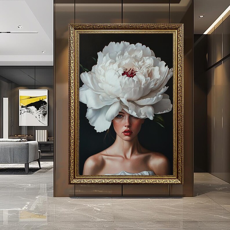 Floral Woman Portrait Canvas Print: Realistic Peony Flower Art - Etsy