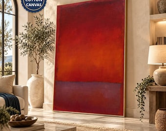 May include: A large rectangular canvas painting featuring a color field composition with a dominant deep red upper section that transitions into a vibrant orange middle and a solid dark purple horizontal band across the bottom, framed in gold.