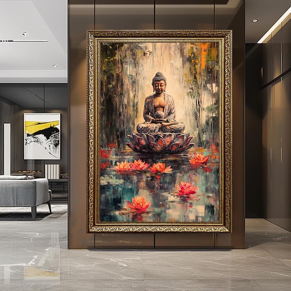 Buddha Canvas Wall Art - Zen Lotus Meditation Print - Peaceful Spiritual Home Decor - Tranquil Buddhist Artwork - Serene Nature Painting