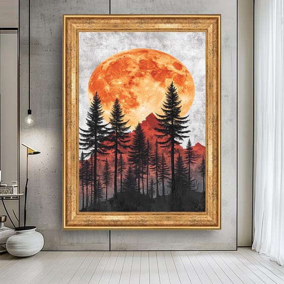 Full Moon Forest Canvas Wall Art – Pine Tree and Mountain Silhouette Print – Bold Nature Landscape Painting for Modern Rustic Home Decor