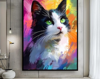 Colorful Black and White Cat Canvas Wall Art with Green Eyes – Vibrant Abstract Pet Portrait Print for Cat Lover Home Decor