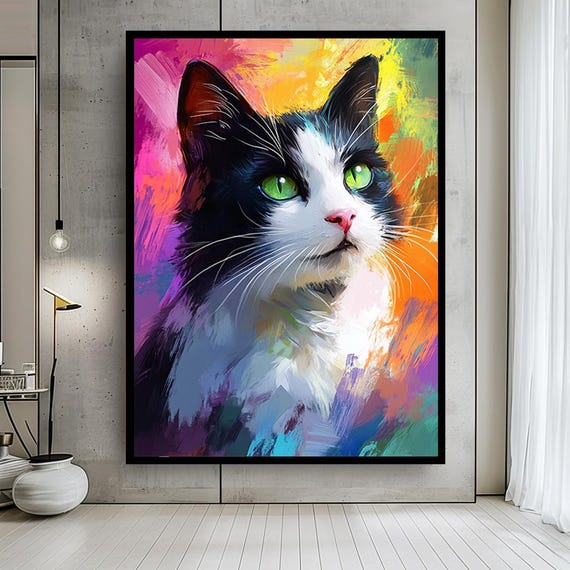 Colorful Black and White Cat Canvas Wall Art with Green Eyes – Vibrant Abstract Pet Portrait Print for Cat Lover Home Decor