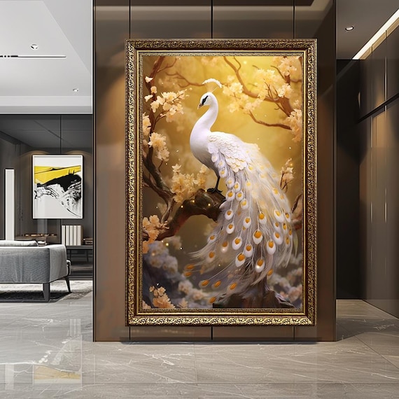 Elegant White Peacock Canvas Wall Art – Fantasy Bird in Golden Blossoms – Luxury Nature Inspired Animal Decor Print