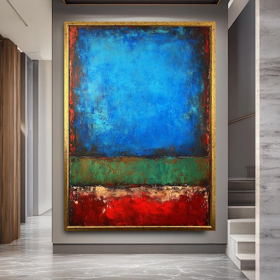 Abstract Color Field Canvas Art, Modern Blue Red Green Wall Decor, Minimalist Textured Painting Print