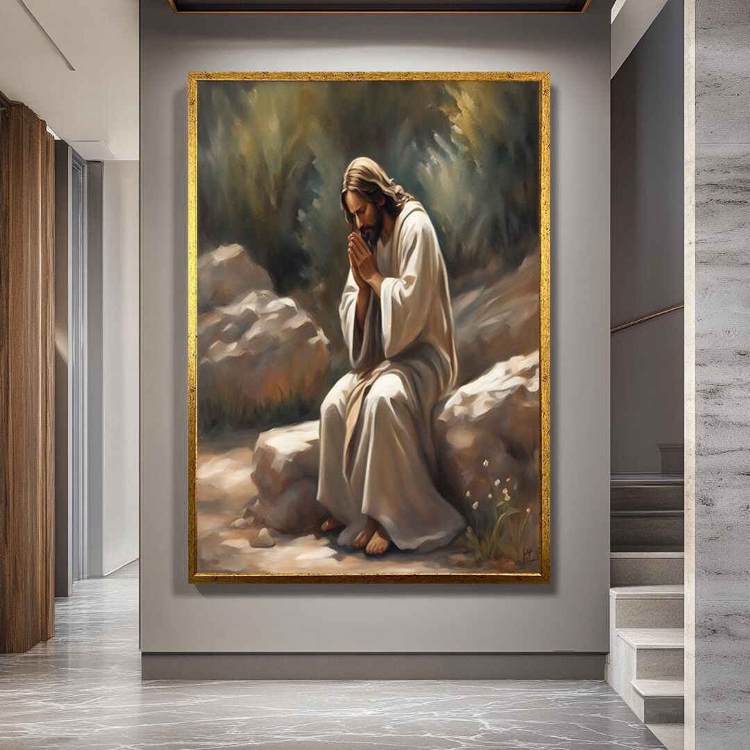 Jesus in Prayer Canvas Wall Art – Peaceful Christian Scene of Christ ...