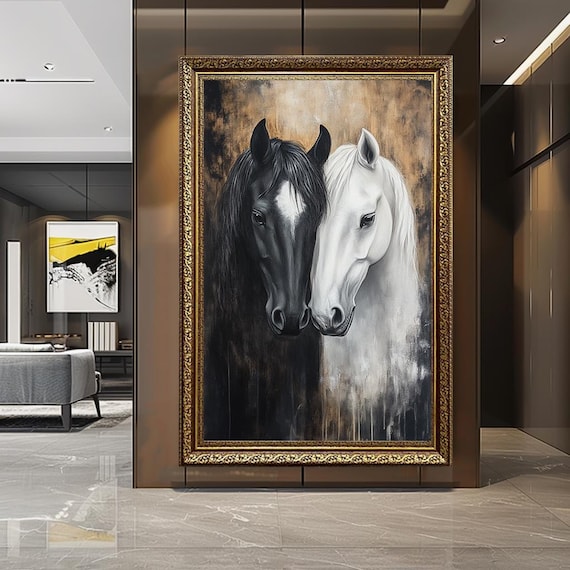 Black and White Horses Canvas Wall Art – Yin Yang Inspired Horse Painting Print – Symbolic Duality Artwork for Elegant Home Decor