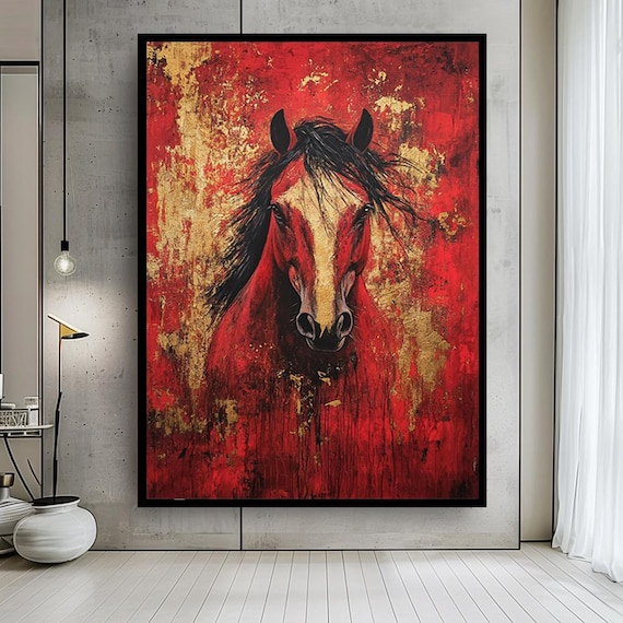 Red Horse Canvas Wall Art – Bold Horse Portrait Print with Gold – Luxury Statement Artwork for Living Room or Office Decor