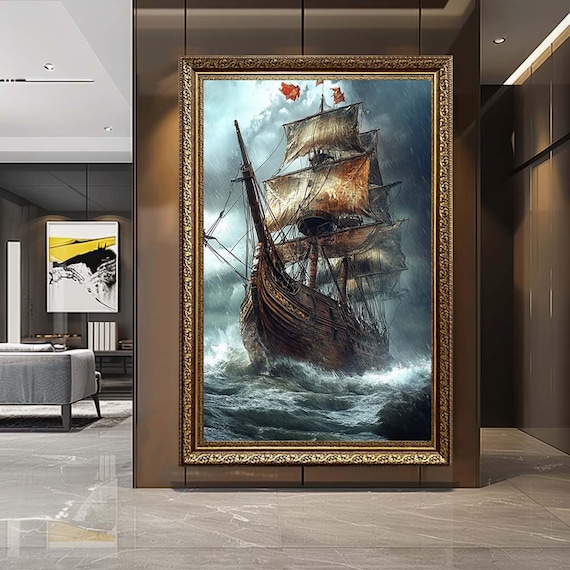 Vintage Sailing Ship Canvas Wall Art – Stormy Ocean Tall Ship Print – Nautical Adventure Artwork for Coastal Home Decor