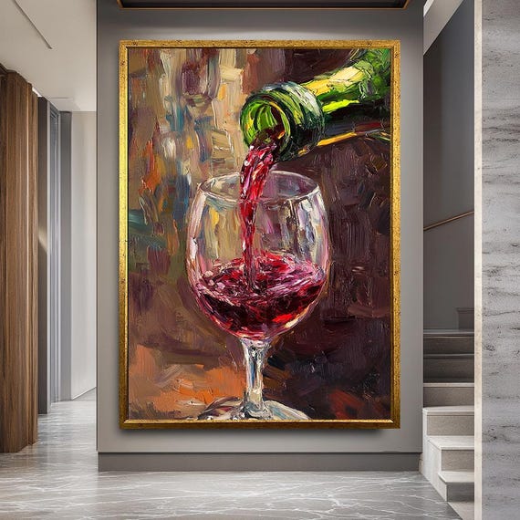 Red Wine Pouring Wall Art With Glass And Bottle, Colorful Impressionist Canvas Print For Kitchen, Bar Or Wine Lover Home Decor