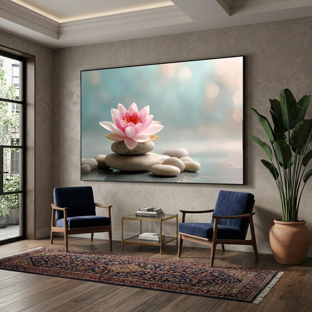 Pink Lotus Flower on Zen Stones Canvas, Spa Decor Wall Art, Tranquil ...
