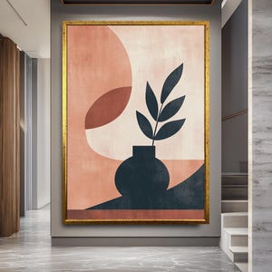 Arte de pared minimalista con jarrón botánico / Impresión en lienzo de planta abstracta moderna / Decoración neutra para el hogar de estilo de mediados de siglo en tonos tierra