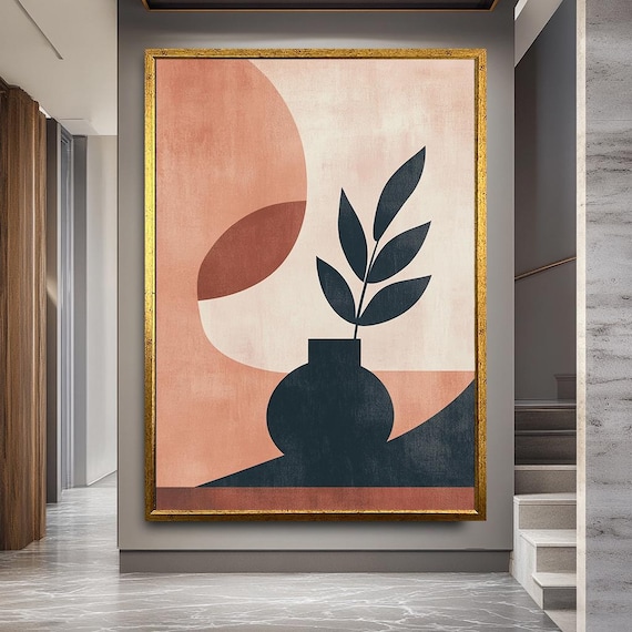 Minimalist Botanical Vase Wall Art | Modern Abstract Plant Canvas Print | Mid Century Style Neutral Home Decor in Earth Tones