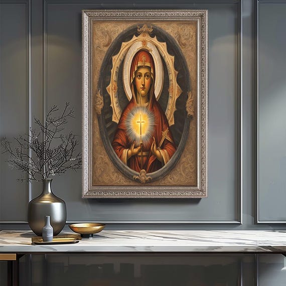 Virgin Mary Icon Canvas Wall Art – Traditional Sacred Portrait with Glowing Cross and Ornate Frame Design for Catholic and Orthodox Faith