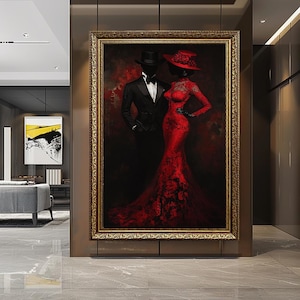 Lienzo de pareja elegante: vestido rojo y traje - Impresión de retrato romántico