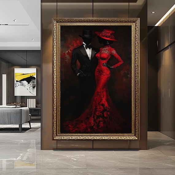 Elegant Couple Canvas Wall Art – Red Dress Woman & Man in Suit Painting, Luxury Fashion Glam Decor, Dark Romantic Portrait Print