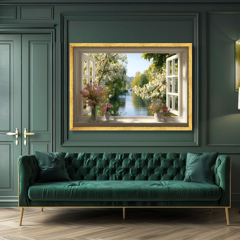 Spring Blossom River View Canvas, Open Window Scene Wall Art, Floral ...
