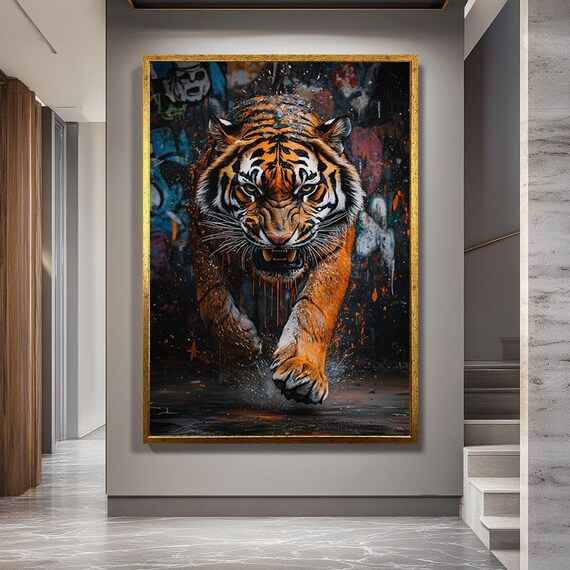 Graffiti Tiger Canvas Wall Art – Fierce Urban Jungle Animal Portrait – Bold Street Art Style Modern Wild Decor Print