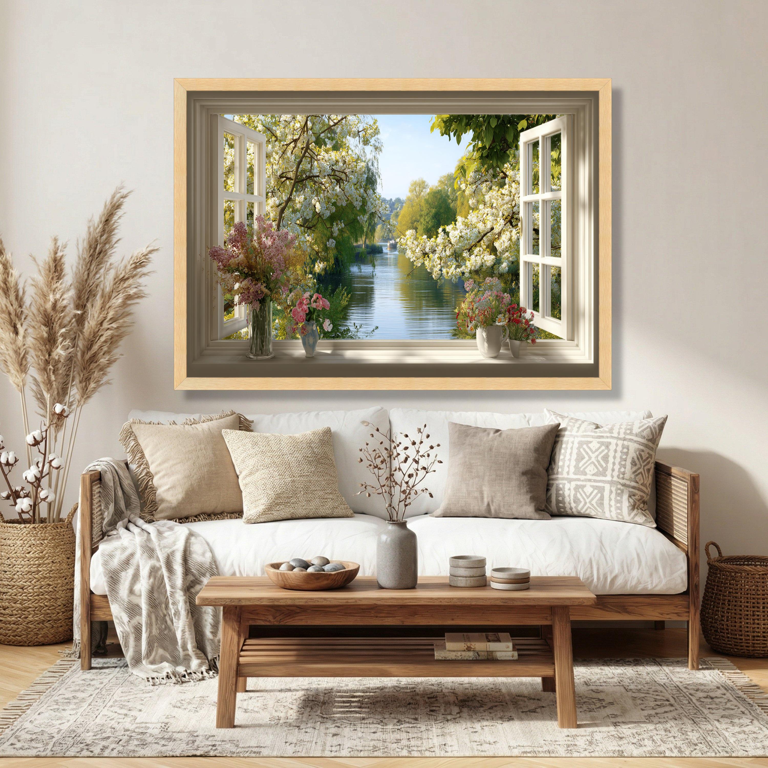 Spring Blossom River View Canvas, Open Window Scene Wall Art, Floral ...