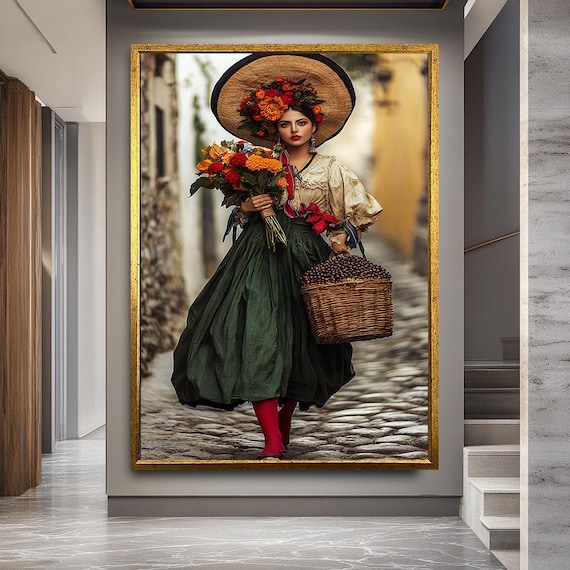 Vintage Flower Lady Canvas Wall Art - Traditional Woman with Basket and Blooms - Rustic Boho Portrait Print for Home or Gallery Decor