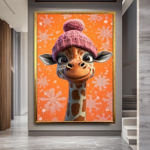 Jirafa adorable con gorro rosa de invierno – Lienzo decorativo con copos de nieve – Decoración infantil con un toque navideño