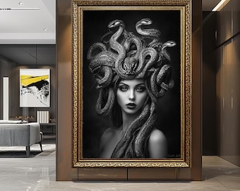 Dunkle Medusa Porträt Wandkunst | Mythische Fantasy-Frau mit Schlangenhaar | Gothic Monochrome Leinwand Print für Alternatives Wohndekor