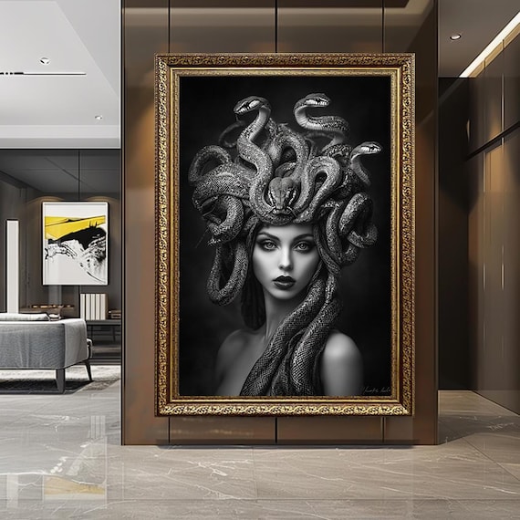 Dark Medusa Portrait Wall Art | Mythical Fantasy Woman with Snake Hair | Gothic Monochrome Canvas Print for Alternative Home Decor