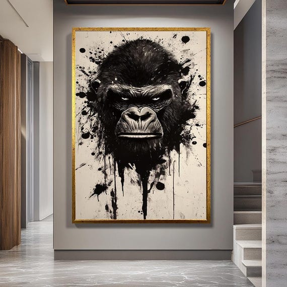 Black and White Gorilla Canvas Wall Art – Fierce Ink Splatter Animal Portrait – Monochrome Urban Jungle Decor Print