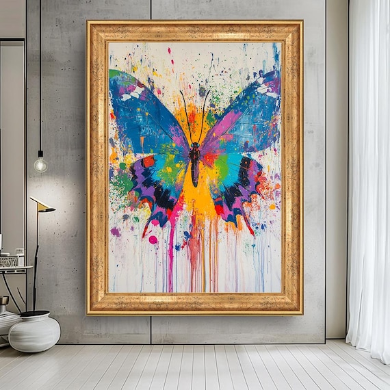 Colorful Butterfly Canvas Wall Art – Abstract Rainbow Insect Painting, Vibrant Splash Ink Style Home Décor, Modern Nature Print