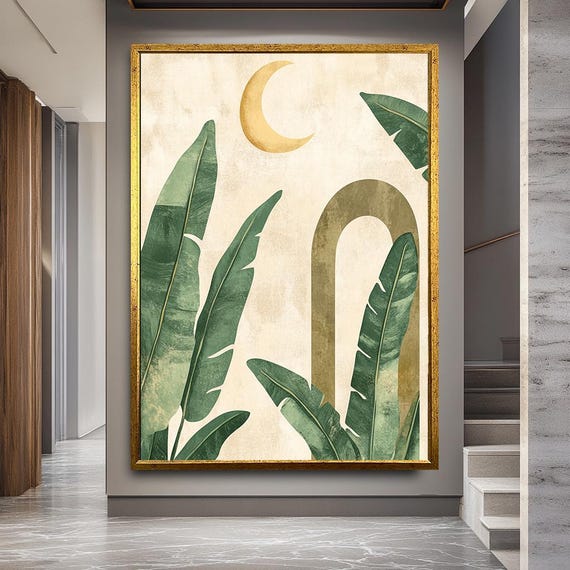 Minimal Botanical Canvas Print with Moon and Leaves, Modern Boho Wall Art for Living Room or Bedroom, Nature Inspired Home Decor