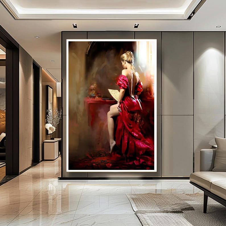 Lady in Red Dress Canvas Wall Art, Elegant Romantic Woman Portrait ...