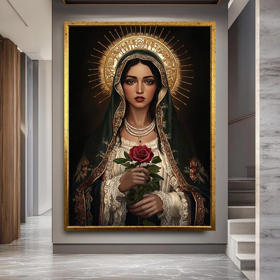 Holy Virgin Mary Wall Art With Red Rose And Gold Halo, Catholic Religious Canvas Print For Prayer Room Or Faith Inspired Home Decor