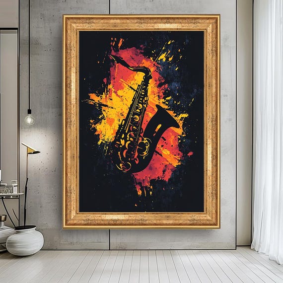 Saxophone Canvas Wall Art – Jazz Music Abstract Painting, Color Splash Musical Instrument Print, Bold Musician Gift Home Décor