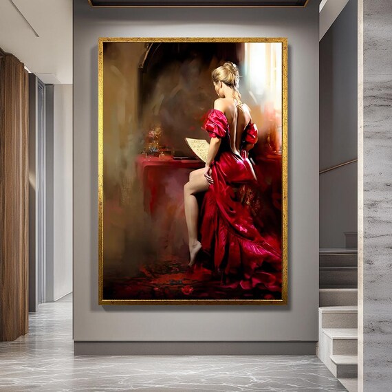 Lady in Red Dress Canvas Wall Art, Elegant Romantic Woman Portrait Print, Classic Glamour Artwork for Bedroom or Dressing Room Decor