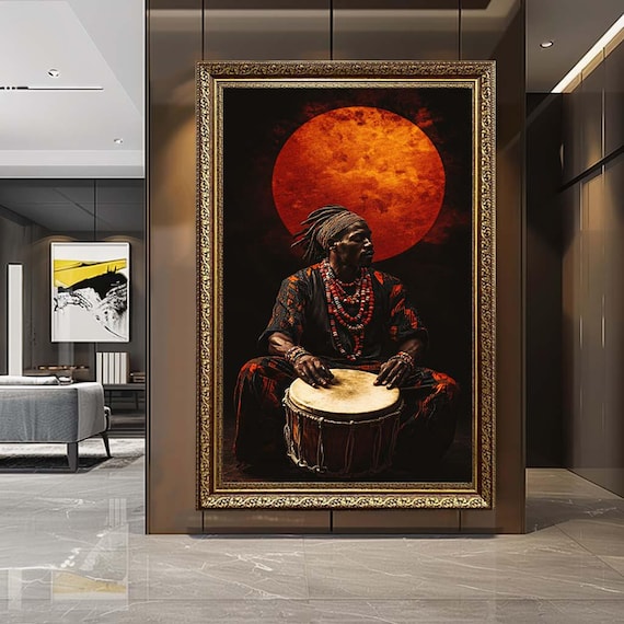 African Drummer Canvas Wall Art – Tribal Music Portrait with Red Sun – Cultural Rhythm Artwork for Ethnic Home Decor