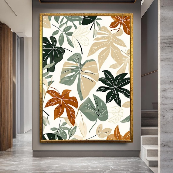 Tropical Leaf Canvas Wall Art – Modern Boho Botanical Print – Neutral Green and Rust Colored Plant Illustration for Home or Office Decor