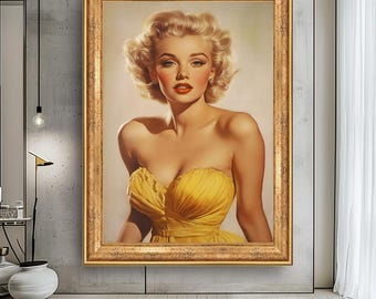Vintage Blonde Woman Wall Art in Yellow Dress Classic Hollywood Glamour Portrait Canvas Print Retro Style Decor for Living Room