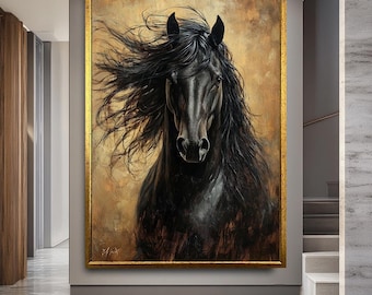 Black Horse Canvas Print Wall Art, Powerful Animal Portrait for Living Room or Office, Wild Stallion Artwork with Rustic Background