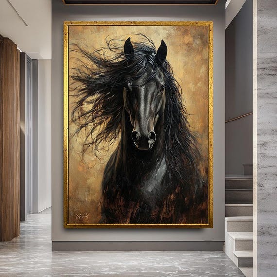 Black Horse Canvas Print Wall Art, Powerful Animal Portrait for Living Room or Office, Wild Stallion Artwork with Rustic Background