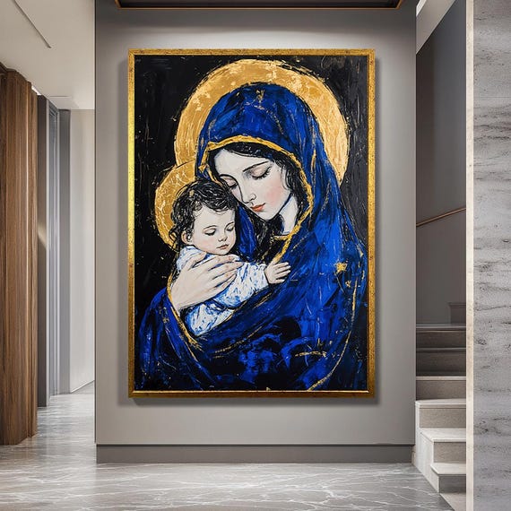 Virgin Mary and Baby Jesus Canvas Wall Art, Religious Christian Painting Print, Holy Mother and Child Artwork for Spiritual Home Decor