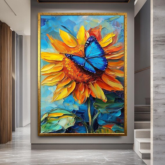 Sunflower and Blue Butterfly Canvas Print Wall Art Colorful Textured Flower Artwork for Living Room Hallway Home Wall Decor