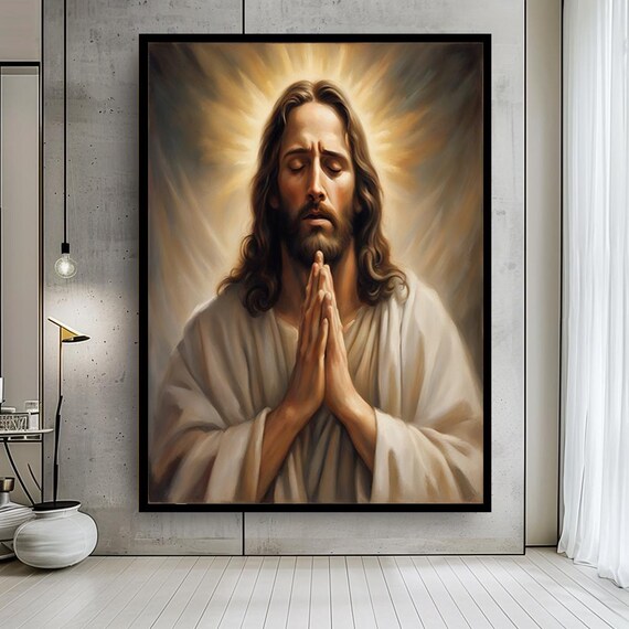 Praying Jesus Canvas Wall Art – Spiritual Christian Portrait with Holy Light and Serenity for Faith-Based Home or Prayer Room Decor