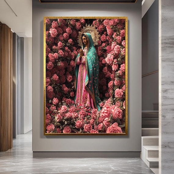 Our Lady Of Guadalupe Wall Art With Pink Roses And Golden Halo, Catholic Religious Canvas Print For Prayer Room Or Floral Faith Decor