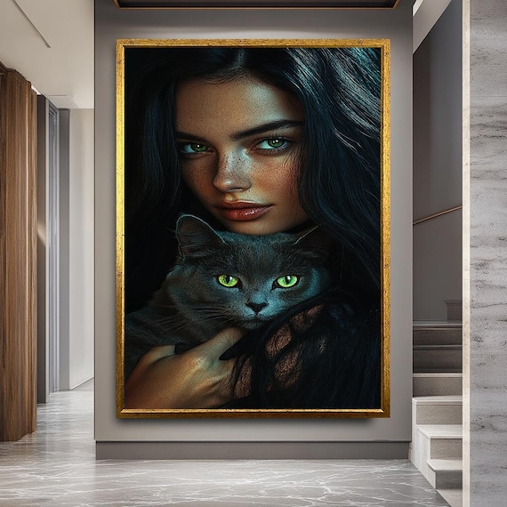 Mystical Woman with Green-Eyed Cat Wall Art | Dark Portrait Canvas Print | Elegant Feline Fantasy Artwork for Cat Lovers and Gothic Decor