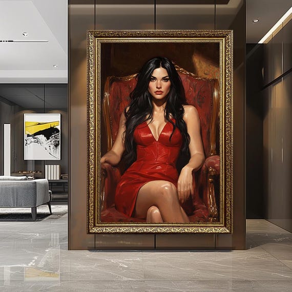 Elegant Woman in Red Dress Canvas Wall Art – Powerful Female Portrait Sitting on Throne Chair, Bold Sensual Painting for Bedroom