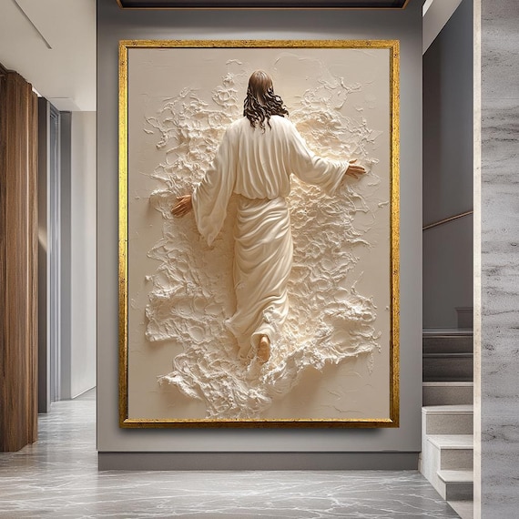 Jesus Ascension Canvas Print, Textured Religious Wall Art, 3D Minimalist Christian Decor, Faith and Hope Artwork