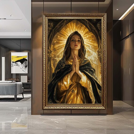 Virgin Mary Prayer Canvas Wall Art – Radiant Madonna Religious Print – Elegant Christian Artwork for Spiritual Home Decor