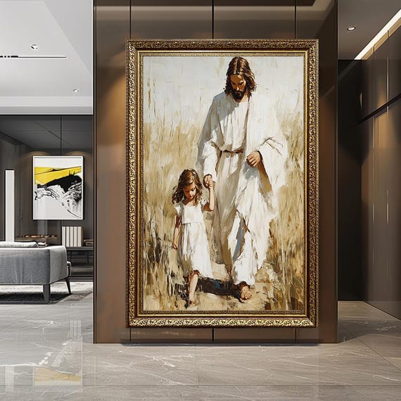 Jesus Holding Girl Canvas Wall Art, Christian Faith Painting Print, Spiritual Religious Artwork for Home, Church or Prayer Room Decor